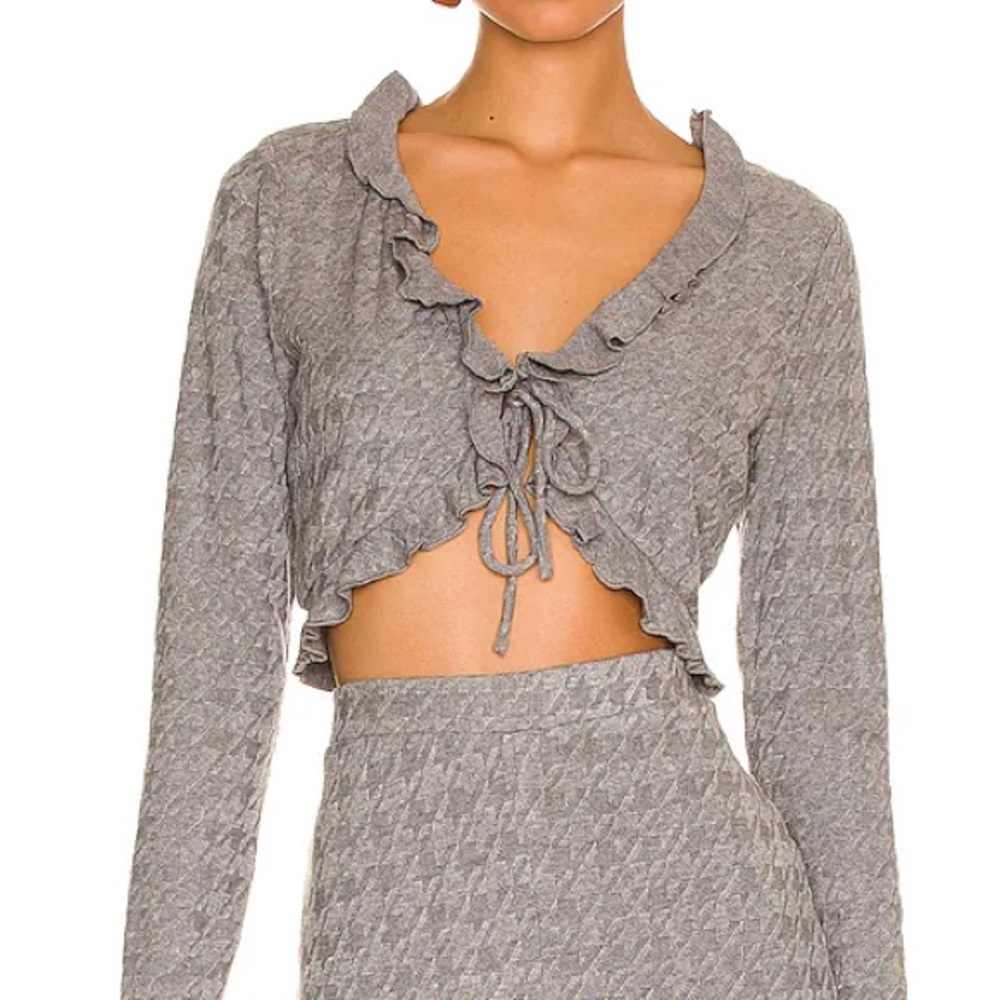 MAJORELLE Elena Top Cardigan Womens Small Ruffles Knit Cropped Heather Grey